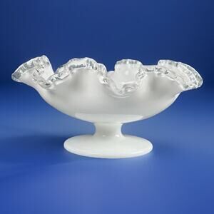VTG Fenton Silver Crest Milk Glass Compote Pedestal Candy Dish Ruffled Bowl 8”
